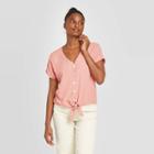 Women's Short Sleeve V-neck Button-front Tie Front Top - Universal Thread Pink