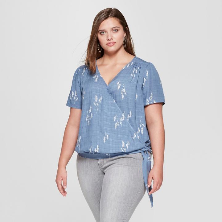 Women's Plus Size Short Sleeve Tie Front Wrap Top - Universal Thread Blue