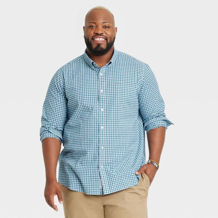 Men's Big & Tall Regular Fit Stretch Poplin Long Sleeve Button-down Shirt - Goodfellow & Co Jade