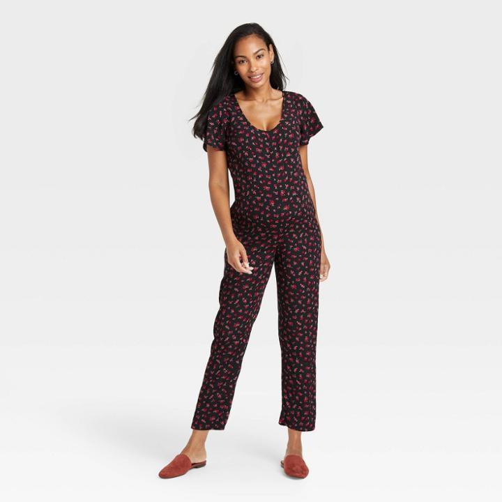 The Nines By Hatch Flutter Short Sleeve Maternity Jumpsuit Black Floral Print