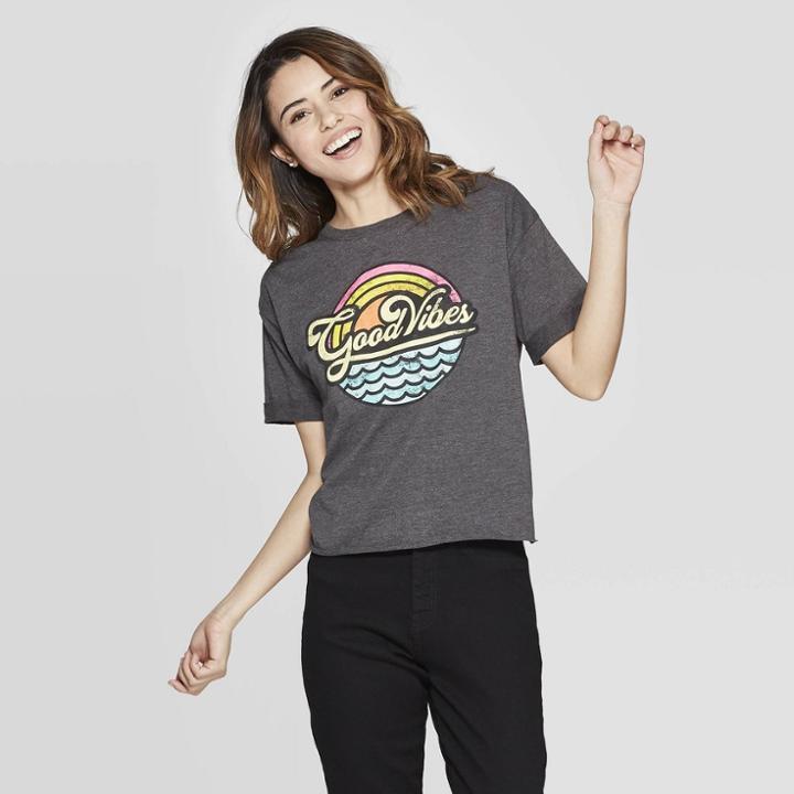 Women's Short Sleeve Good Vibes T-shirt - Modern Lux (juniors') - Gray