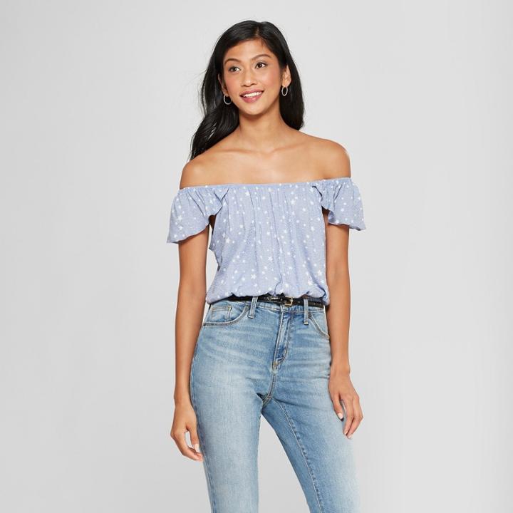 Women's Short Sleeve Off The Shoulder Top - Le Kate (juniors') Periwinkle Star Print