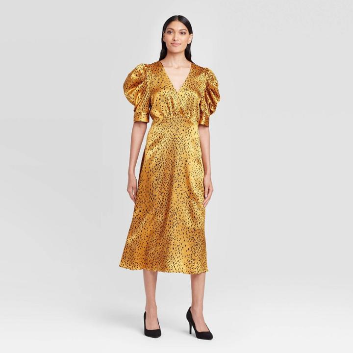 Women's Polka Dot Shirred Short Sleeve V-neck A Line Midi Dress - Who What Wear Yellow