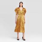 Women's Polka Dot Shirred Short Sleeve V-neck A Line Midi Dress - Who What Wear Yellow
