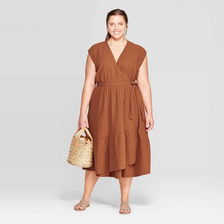 Women's Plus Size Short Sleeve V-neck Ruffle Hem Midi Dress - Universal Thread Brown