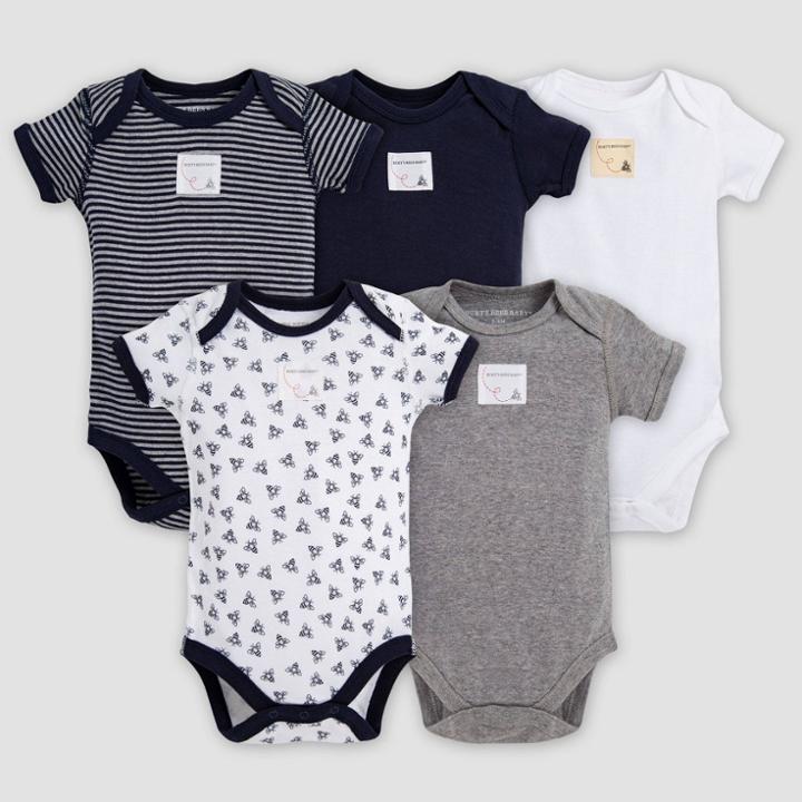 Burt's Bees Baby Boys' Organic Cotton 5pk Short Sleeve Bodysuit Set Solid/stripes - Blueberry