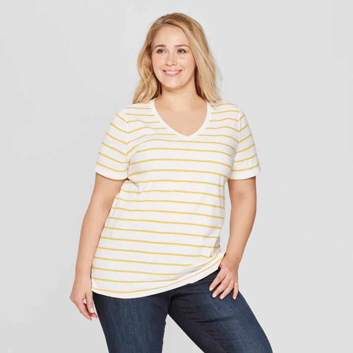 Women's Plus Size Striped Short Sleeve V-neck Essential T-shirt - Ava & Viv White/yellow