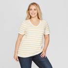 Women's Plus Size Striped Short Sleeve V-neck Essential T-shirt - Ava & Viv White/yellow