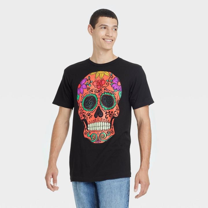 Bioworld Men's Neon Skull Short Sleeve Graphic T-shirt - Black