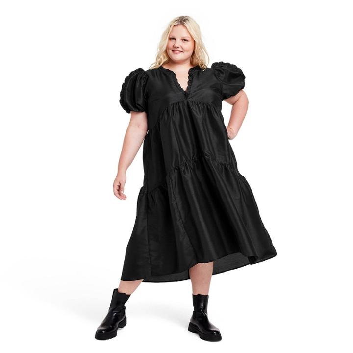 Women's Plus Size Tiered Ruffle Edge Puff Sleeve Midi Dress - Kika Vargas X Target Black