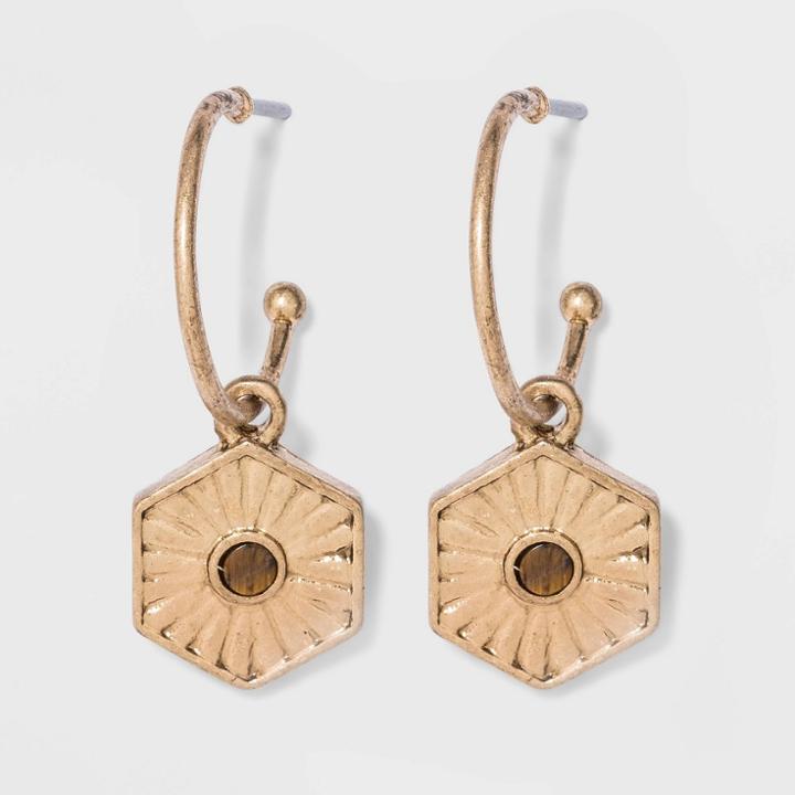 Etched And Semi Precious Tiger Eye Open Hoop Earrings - Universal Thread Brown, Women's,