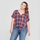 Women's Plus Size Plaid Tie Front Short Sleeve Top - Universal Thread Blue/red