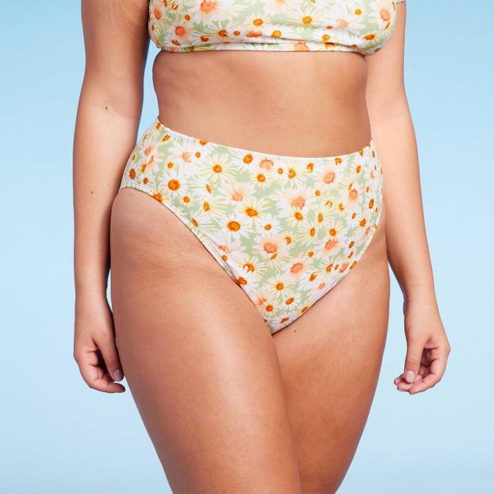 Women's Cheeky High Waist Bikini Bottom - Wild Fable Green Daisy Print