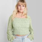 Women's Pus Size Floral Print Long Sleeve Square Neck Smocked Top - Wild Fable Green 1x, Women's,