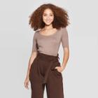 Women's Regular Fit Elbow Sleeve Scoop Neck T-shirt - A New Day Brown