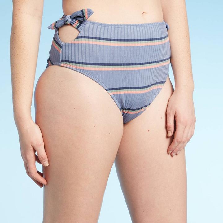 Women's Ribbed High Waist Bikini Bottom - Xhilaration Blue Stripe L, Women's,