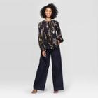 Women's Floral Print Regular Fit Long Sleeve Crewneck Pleated Blouse - A New Day Black M, Women's,