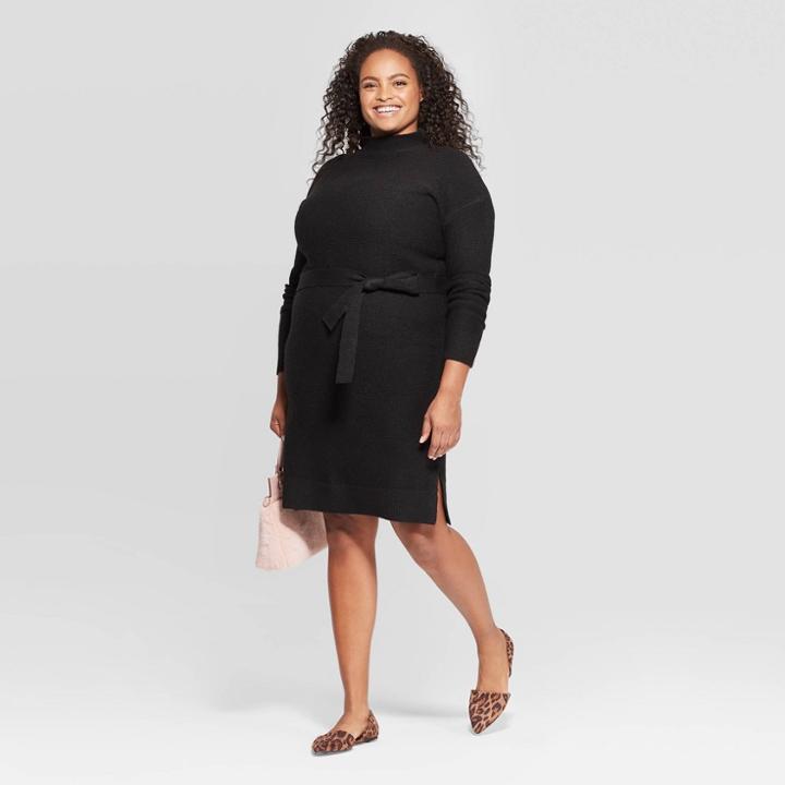 Women's Plus Size Long Sleeve Turtleneck Belted Sweater Dress - A New Day Black 2x, Women's,