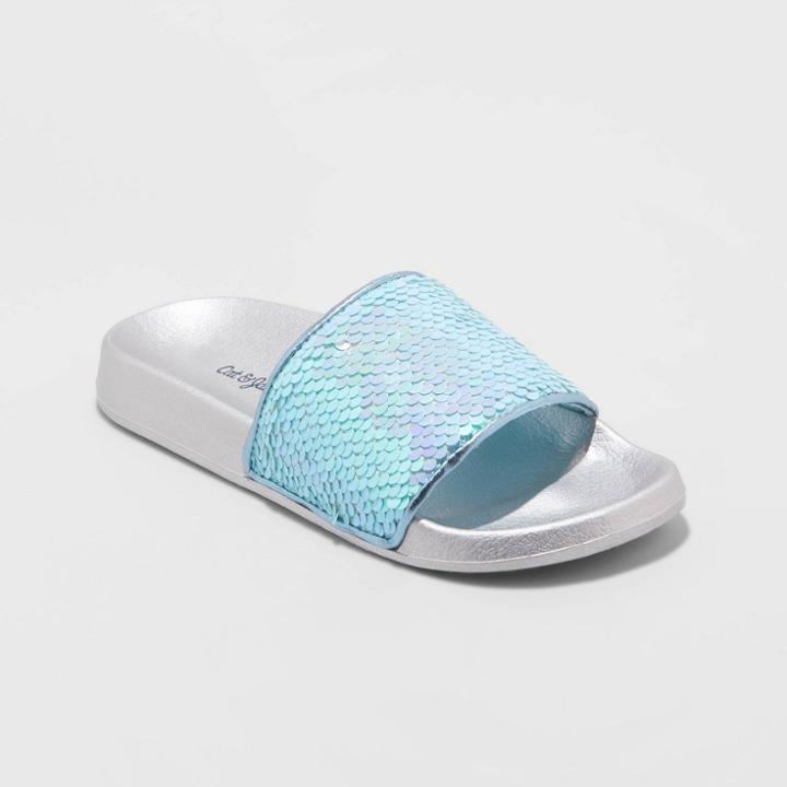 Girls' Geneva Flip Sequin Slide Sandals - Cat & Jack Aqua
