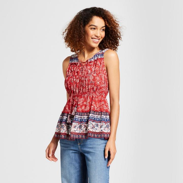 Women's Shirred Lace-up Tank - Knox Rose Red Print