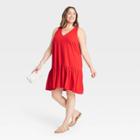 Women's Plus Size Sleeveless Ruffle Hem Knit Dress - A New Day Red