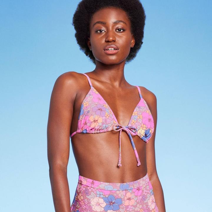 Women's Tie-front Triangle Bikini Top - Wild Fable Floral Print Xxs, Blue/pink/purple