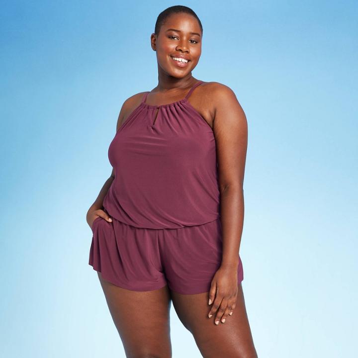 Women's Plus Size High Neck Swim Romper - Aqua Green Currant Red