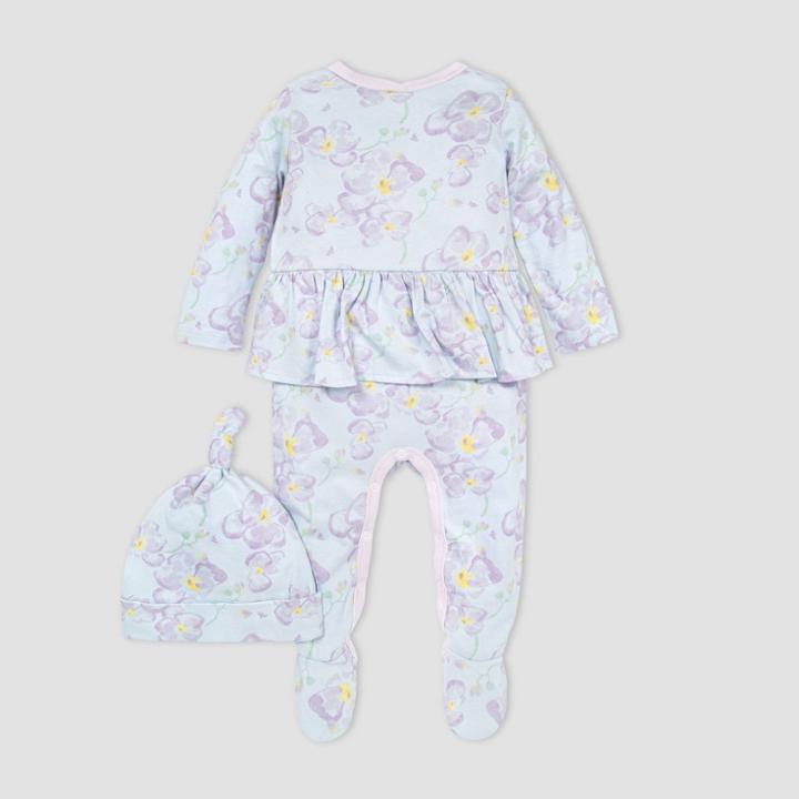 Burt's Bees Baby Baby Girls' Sunny Orchids Jumpsuit And Knot Top Hat Set - Blue Newborn