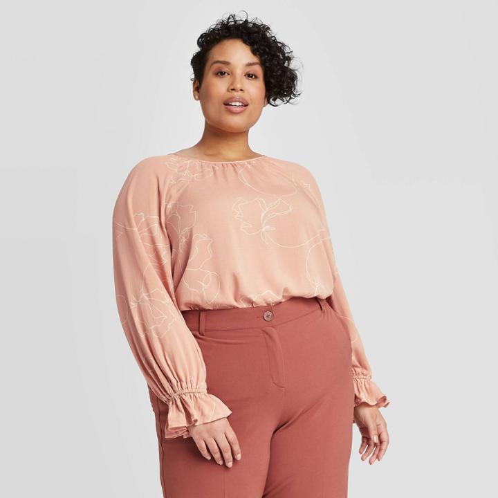 Women's Plus Size Floral Print Long Sleeve Round Neck Blouse - Ava & Viv Blush X, Women's