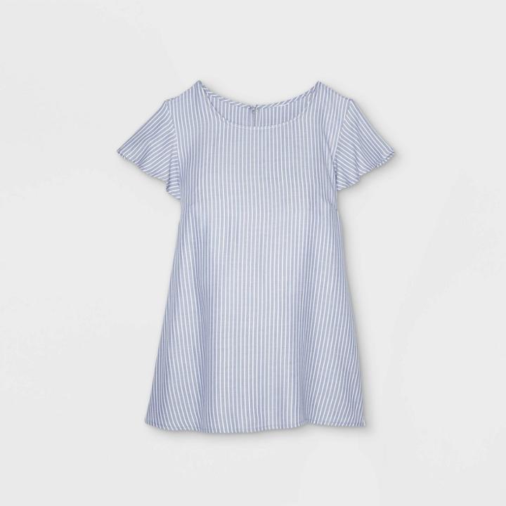 Maternity Striped Flutter Short Sleeve With Tie-waist Woven Top - Isabel Maternity By Ingrid & Isabel Blue/white