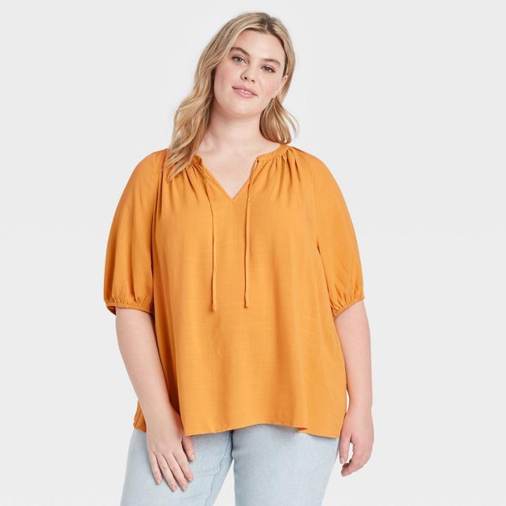 Women's Plus Size Puff Elbow Sleeve Tie-front V-neck Blouse - Ava & Viv Gold X