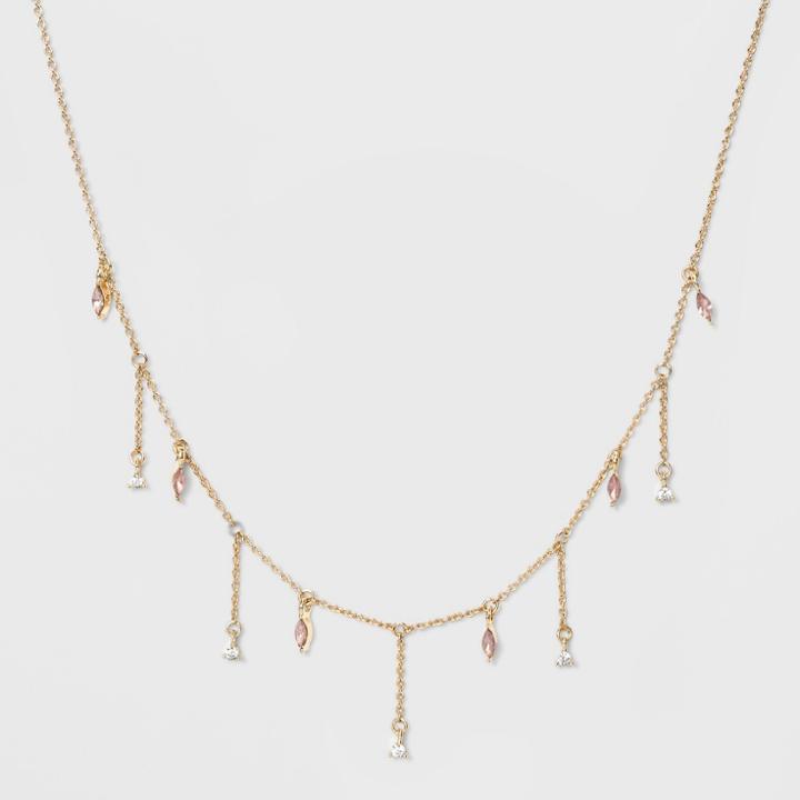 Delicate Drop Pink Stone Fringe Chain Necklace - A New Day,