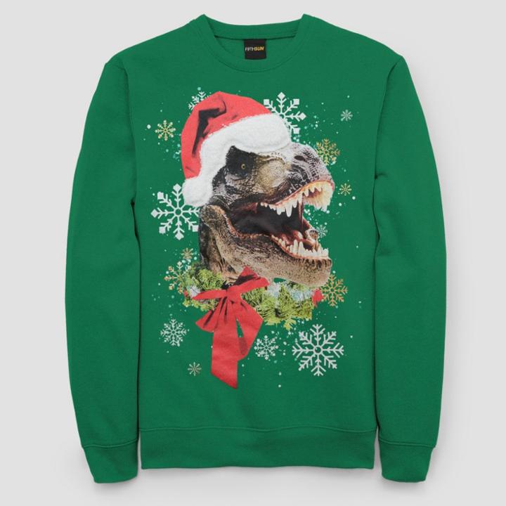 Fifth Sun Men's Ugly Holiday T-rex Santa Long Sleeve Pullover Sweater - Kelly Green