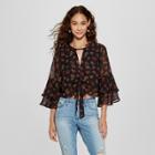 Women's Floral Print 3/4 Tiered Sleeve Tie Front Top - Xhilaration Black