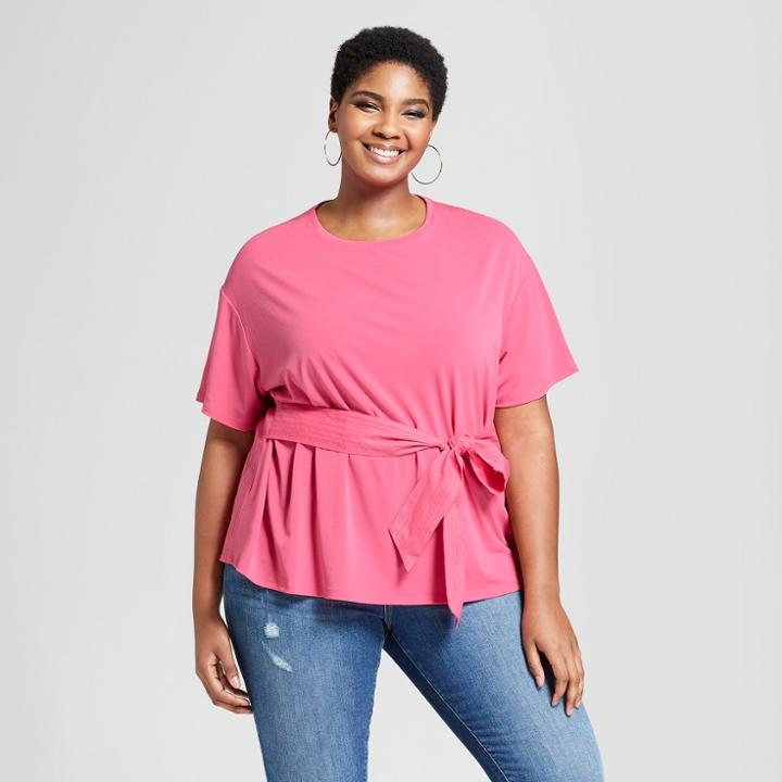 Women's Plus Size Knit Woven Tie Short Sleeve T-shirt - Ava & Viv Pink