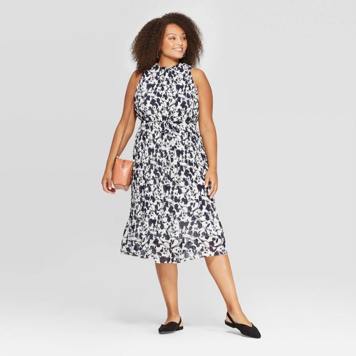 Women's Plus Size Floral Print Long Sleeve Turtleneck Maxi Pleated Dress - A New Day White