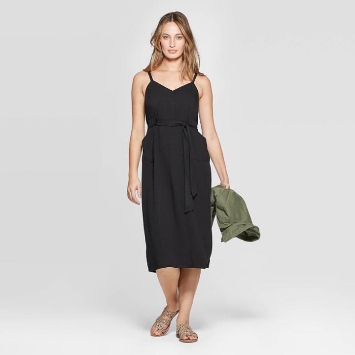 Women's Sleeveless V-neck Belted Midi Dress - Universal Thread Black