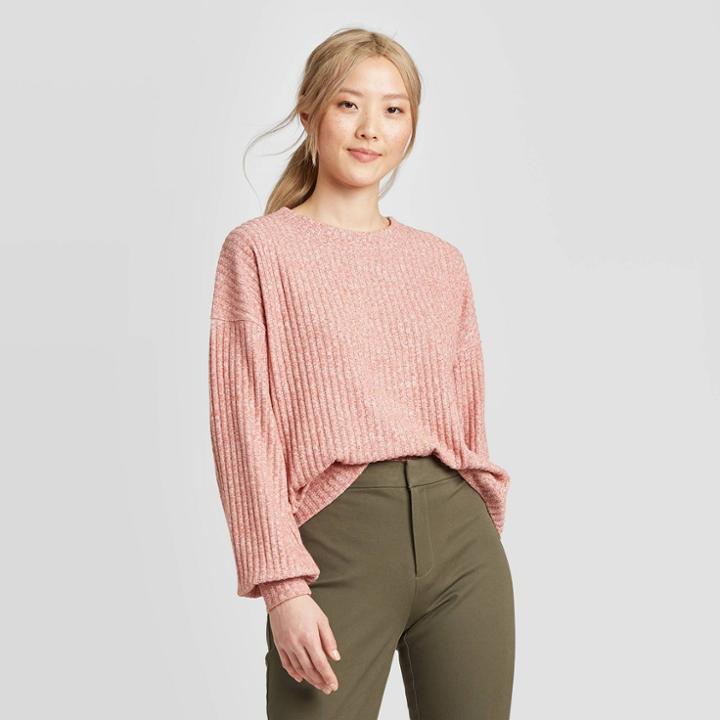 Women's Long Sleeve Crewneck Rib Knit Pullover T-shirt - A New Day Pink