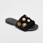 Women's Rose Brooch Faux Fur Slide Sandals - A New Day Black