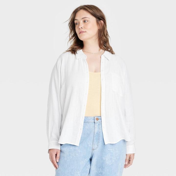 Women's Plus Size Long Sleeve Classic Fit Button-down Shirt - Universal Thread White