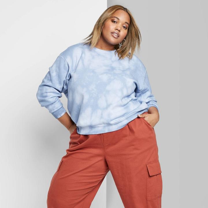 Women's Plus Size Long Sleeve Crewneck Oversized Tie Dye Sweatshirt - Wild Fable Blue 1x, Women's,