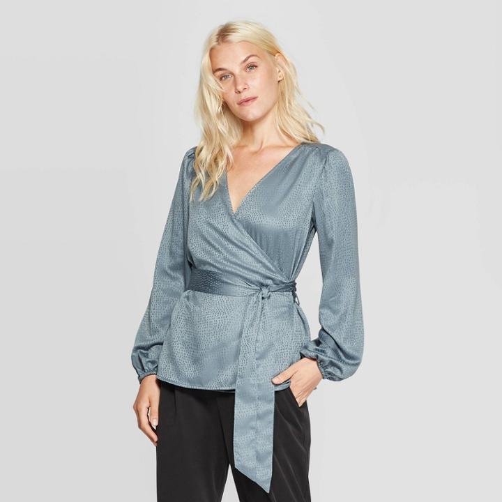 Women's Jacquard Regular Fit Long Sleeve V-neck Wrap Top - A New Day Teal