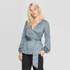 Women's Jacquard Regular Fit Long Sleeve V-neck Wrap Top - A New Day Teal