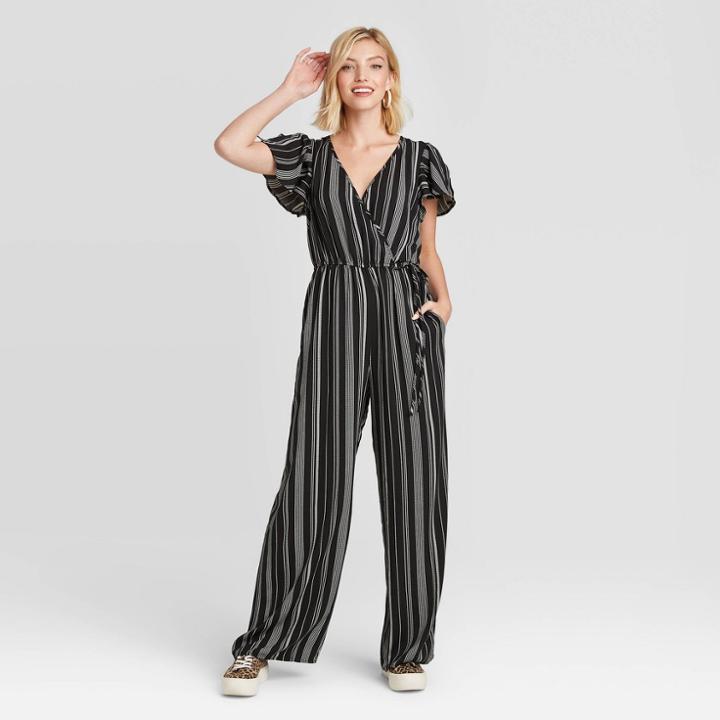 Women's Striped Short Sleeve Deep V-neck Wrap Jumpsuit - Xhilaration Black/white