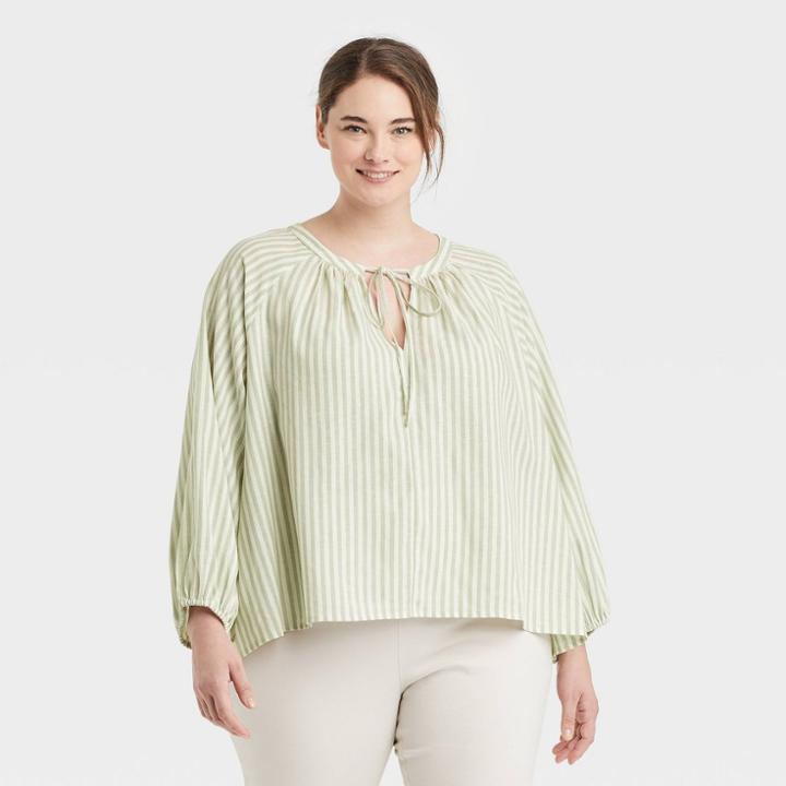 Women's Plus Size Raglan Long Sleeve Tie-front Top - A New Day Light Green