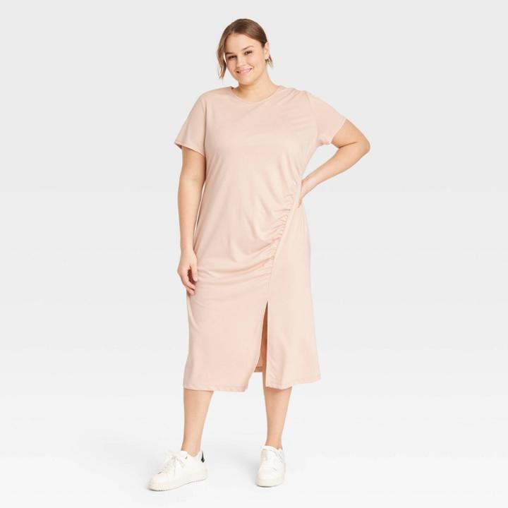 Women's Plus Size Short Sleeve Side Ruched Knit Dress - A New Day Beige