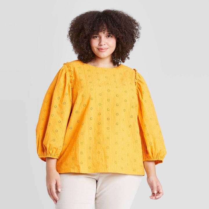 Women's Plus Size Striped Puff 3/4 Sleeve Eyelet Blouse - Universal Thread Yellow