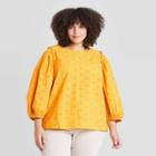 Women's Plus Size Striped Puff 3/4 Sleeve Eyelet Blouse - Universal Thread Yellow