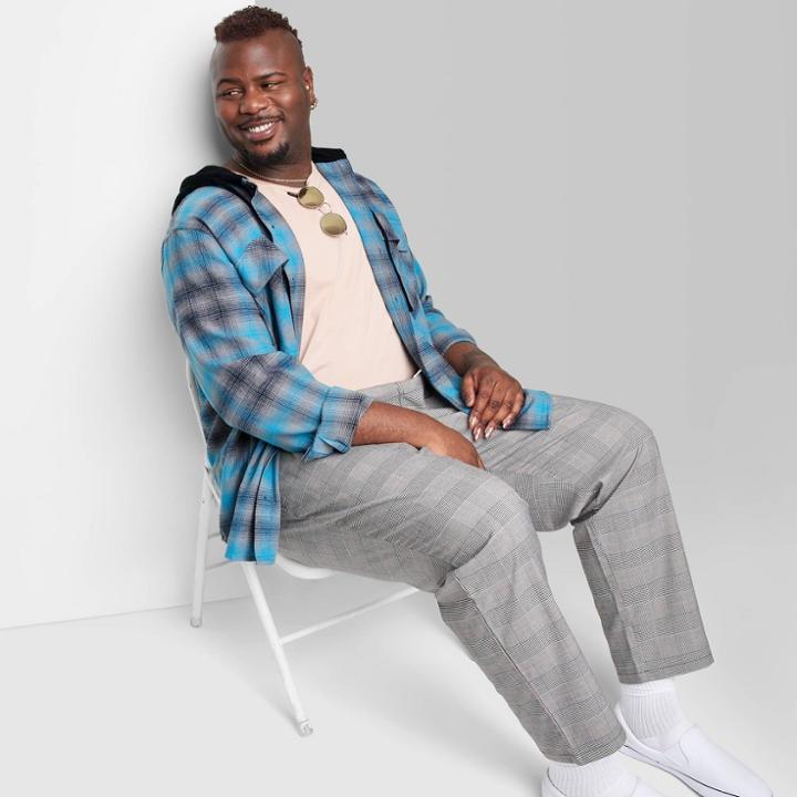 Adult Extended Size Woven Checked Hooded Button-down Shirt - Original Use Blue