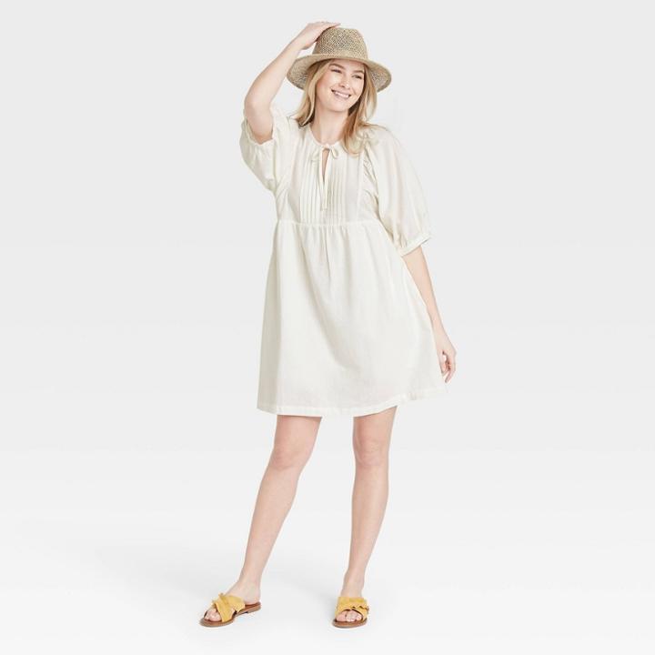 Women's Puff Elbow Sleeve Babydoll Dress - Universal Thread White
